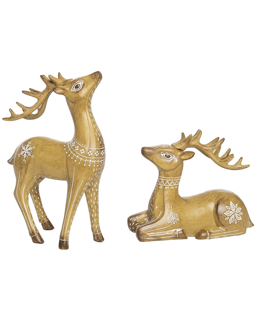 Transpac Resin 10.5in Christmas Holiday Floral Reindeer Decor Set Of 2 In Brown