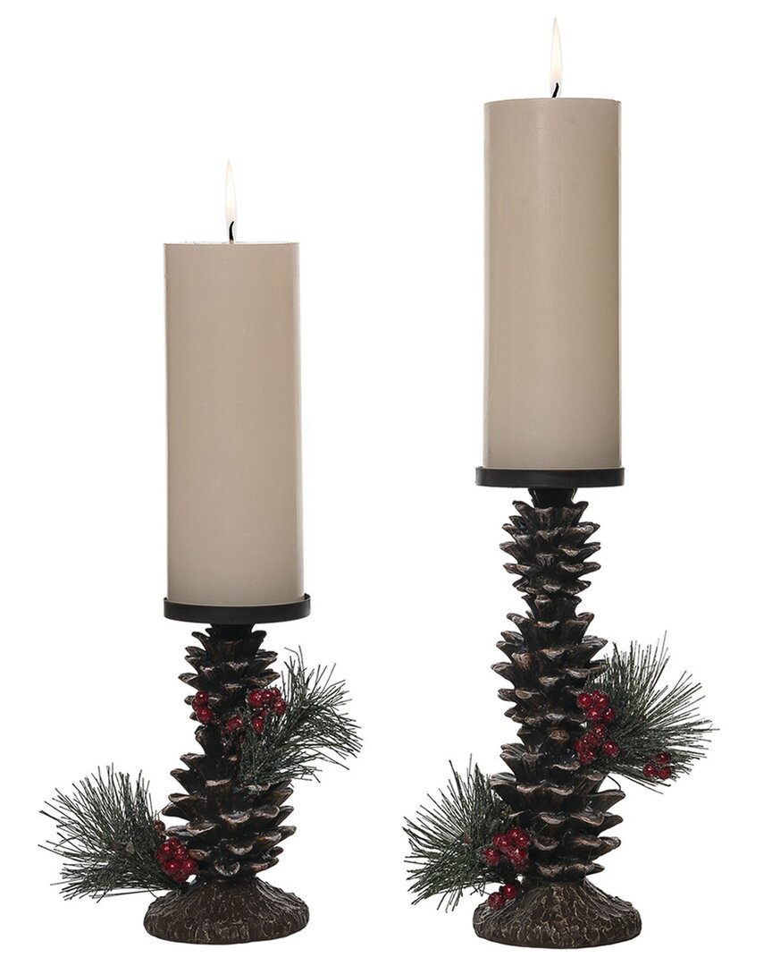 Transpac Resin 10in Multicolored Christmas Rustic Pinecone Candle Holders Set Of 2