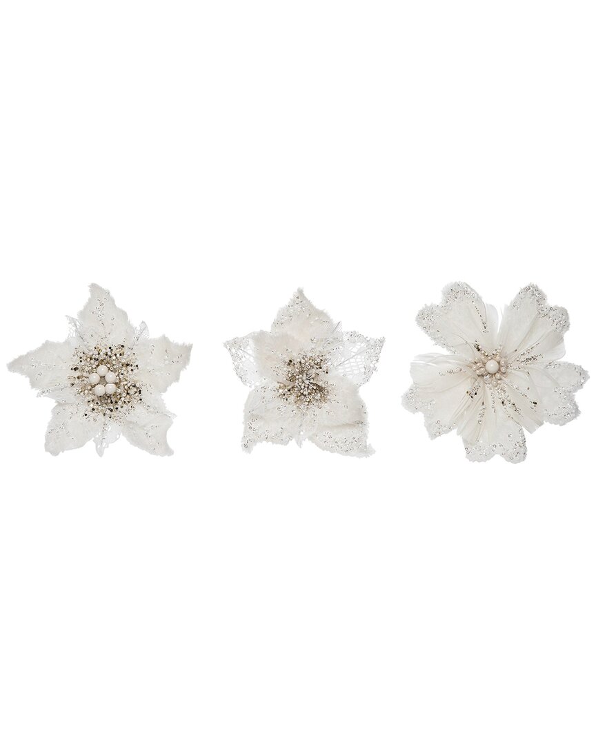 Transpac Polyester 5.91in Christmas Poinsettia Accent Floral Set Of 3 In White