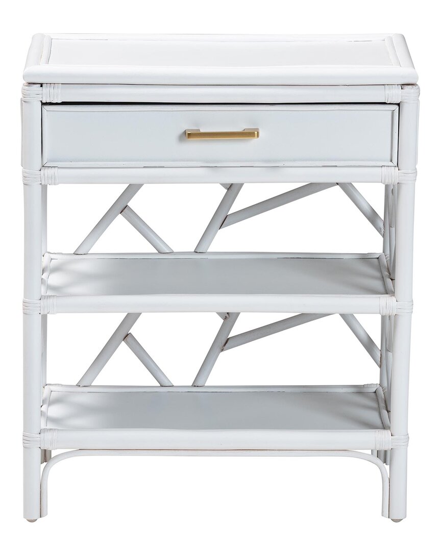 Baxton Studio Daina Rattan Nightstand With Drawer & Open Shelves In White