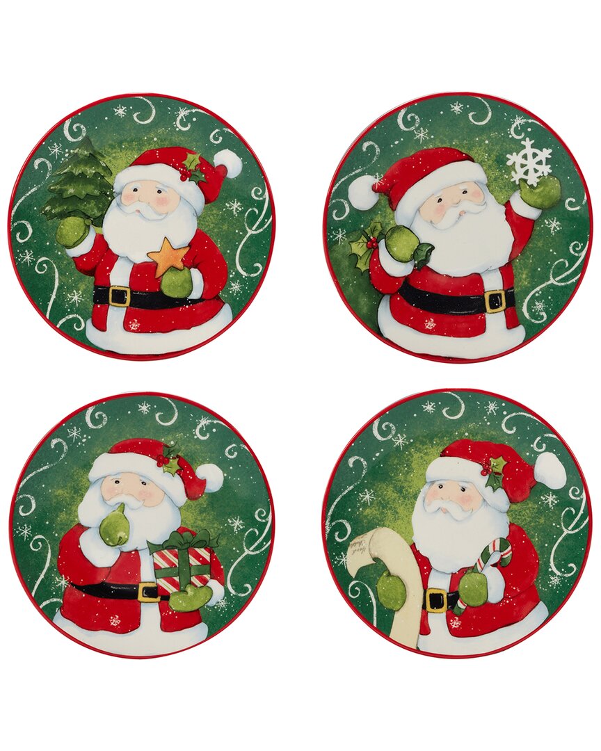 Certified International Holiday Magic Santa Set Of 4 Canape Plates In Green