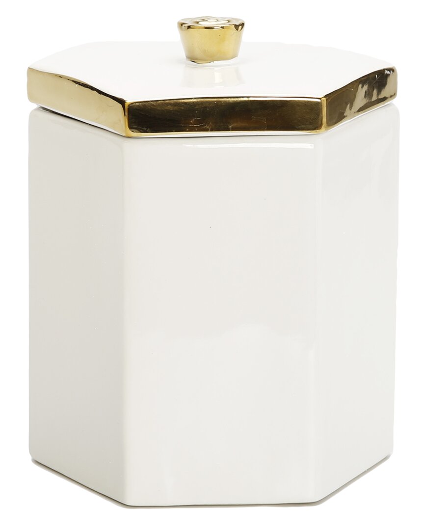 Vivience 7.5in White Hexagon Shaped Box With Gold Flower Knob On Cover