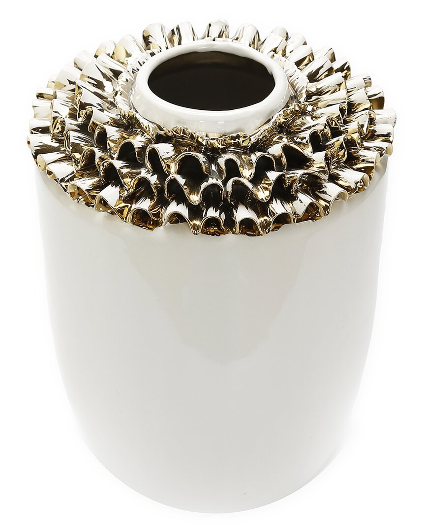 Vivience 10in White Ceramic Vase Gold Design