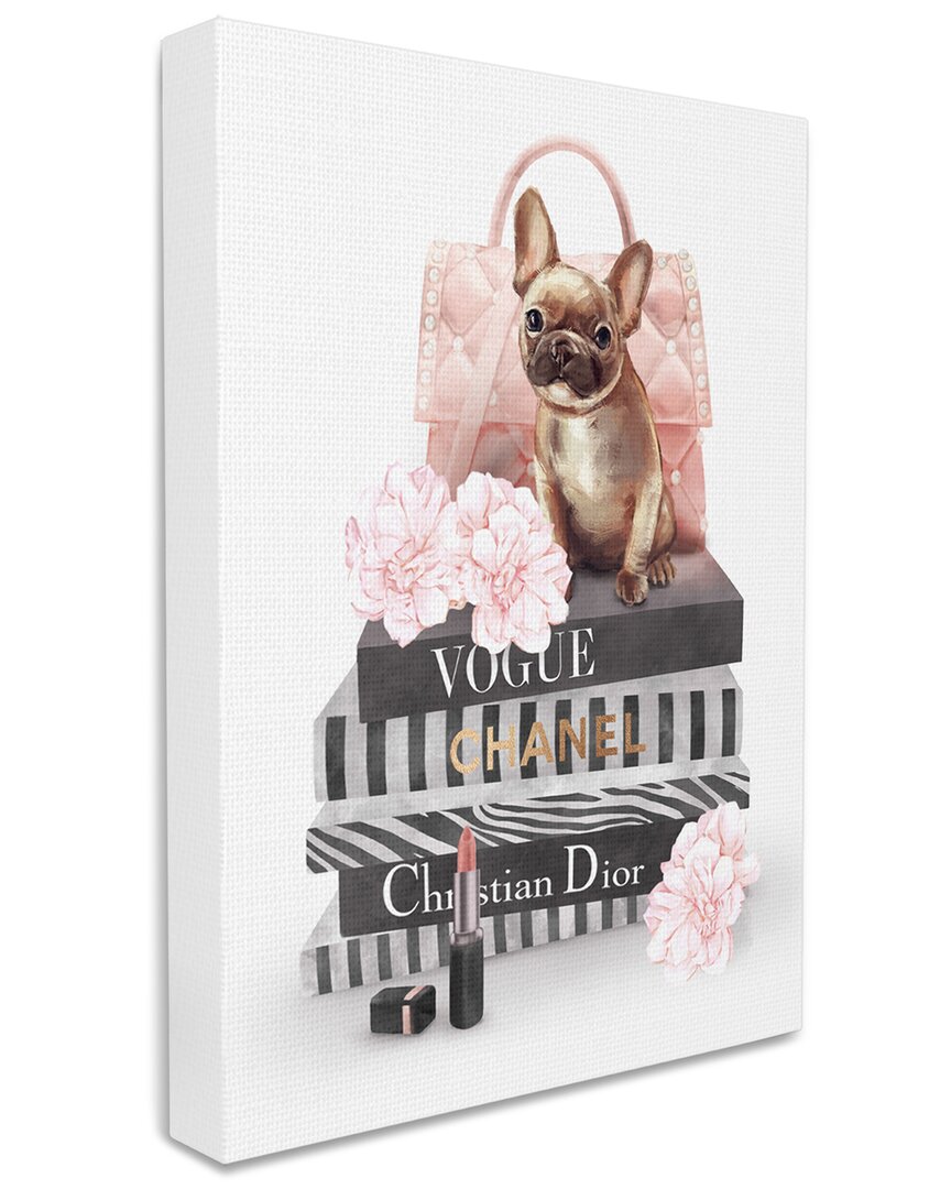 Stupell Industries Glam Bookstack Quilted Pink Purse French Bulldog Stretched Canvas Wall Art By Ziw In White