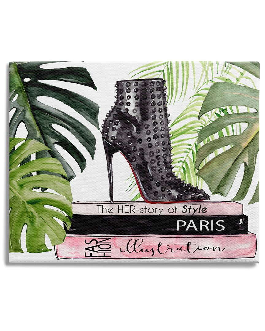 Stupell Industries Chic Studded Fashion Boots Monstera Palms Glam Magazine Stretched Canvas Wall Art By Jenn In Green