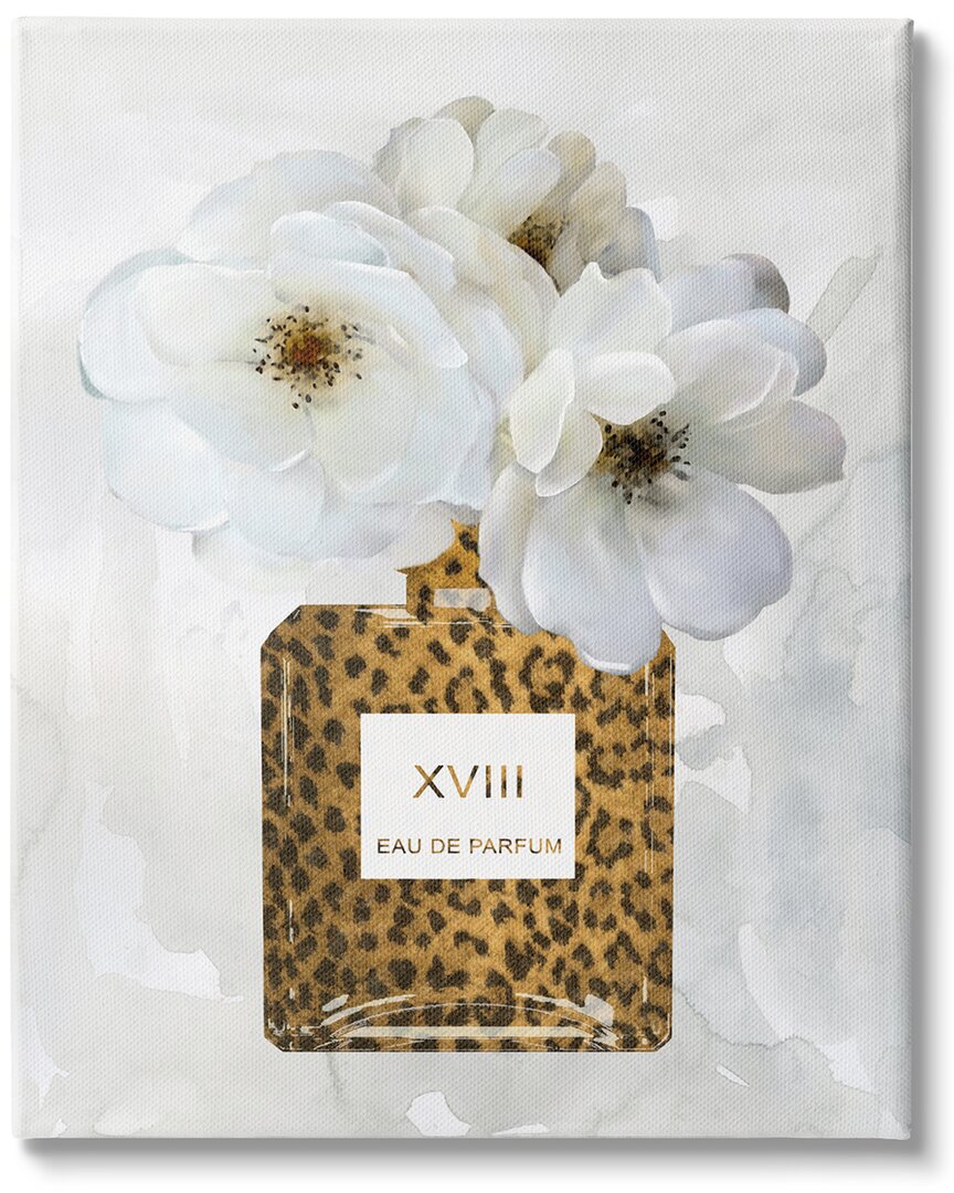 Stupell Industries Leopard Print Perfume Bottle Glam White Spring Florals Stretched Canvas Wall Art By Carol