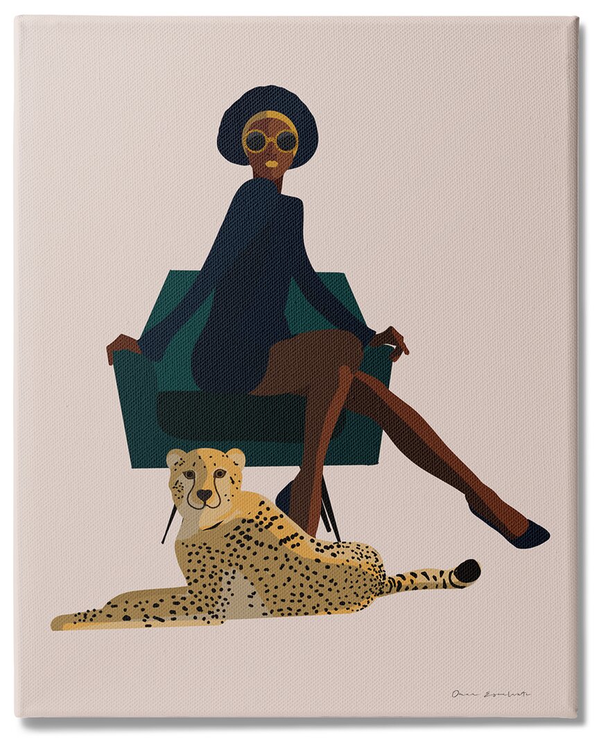 Stupell Industries Modern Fashion Pose Female Cheetah Cat Green Chair Stretched Canvas Wall Art By Omar Esca In Brown