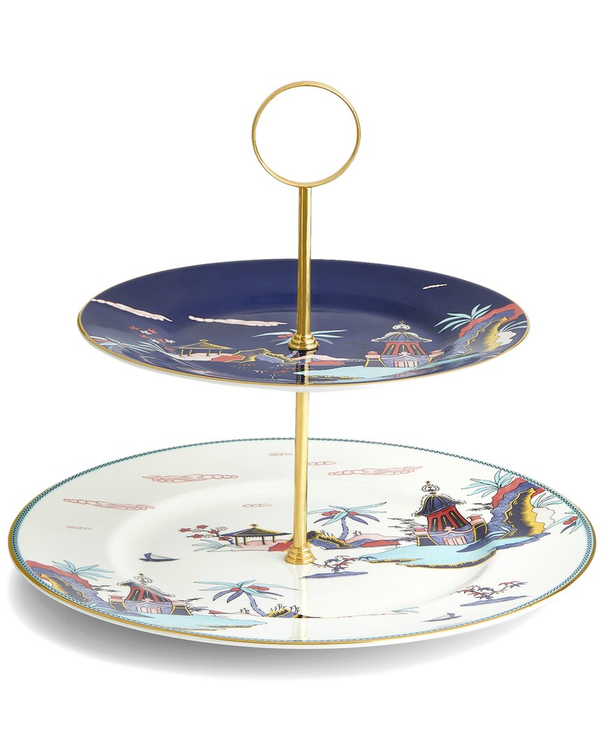 Wedgwood Wonderlust Blue Pagoda Two Tier Cake Stand With $15 Credit