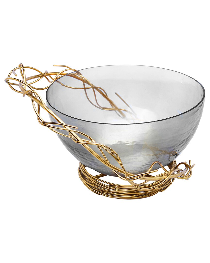 Alice Pazkus Smoked Glass Salad Bowl With Gold Twig Design In Gold