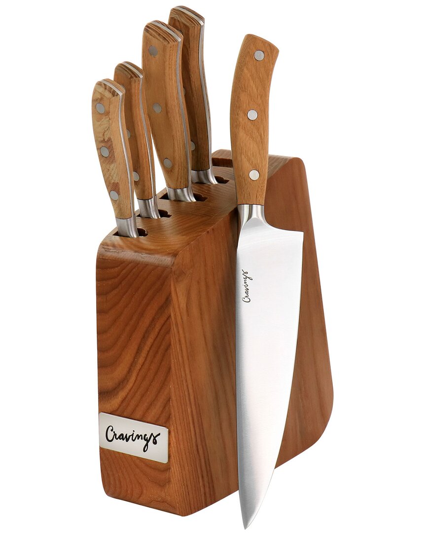 Shop Cravings By Chrissy Teigen 6pc Stainless Steel Cutlery And Wood Block Set In Brown