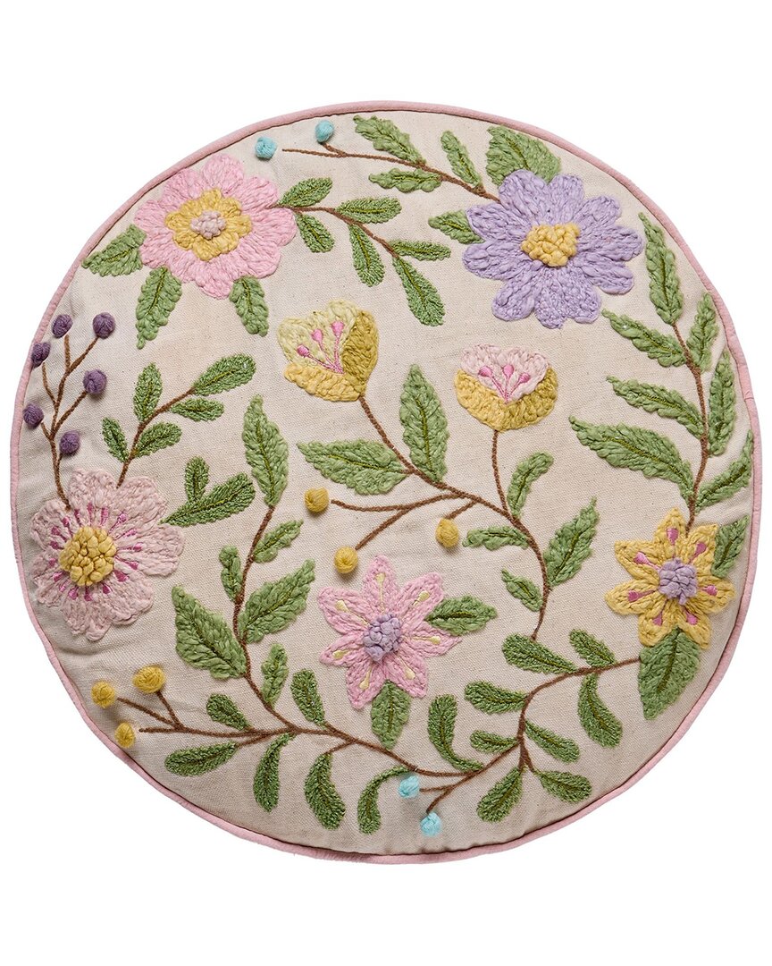 Peking Handicraft Round Floral Embroidered Pillow