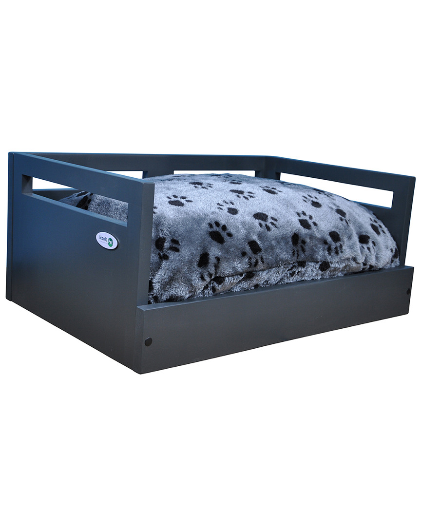 Iconic Pet Wooden Pet Bed With A Paw Printed Comfy Cushion In Blue