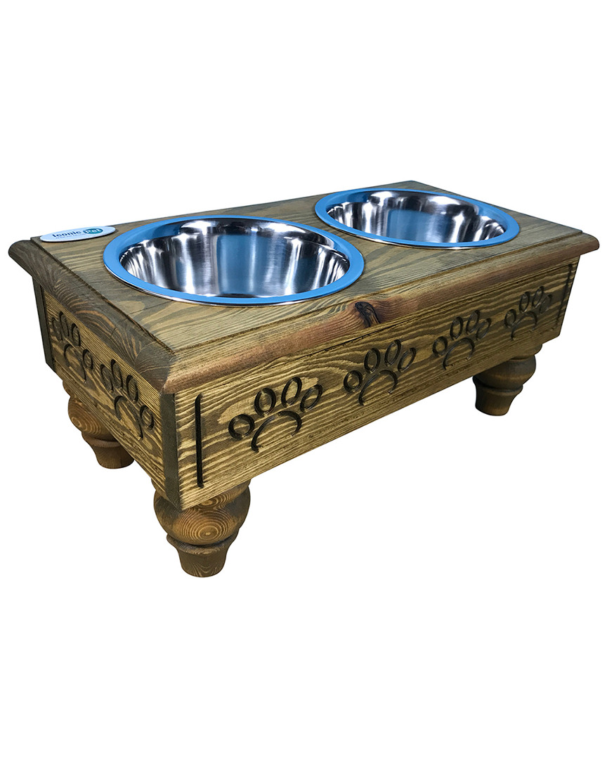 Iconic Pet Raised Wooden Pet Double Diner Steel Bowls
