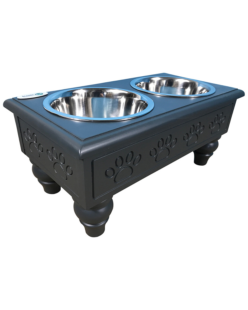 Iconic Pet Raised Wooden Pet Double Diner Steel Bowls In Blue