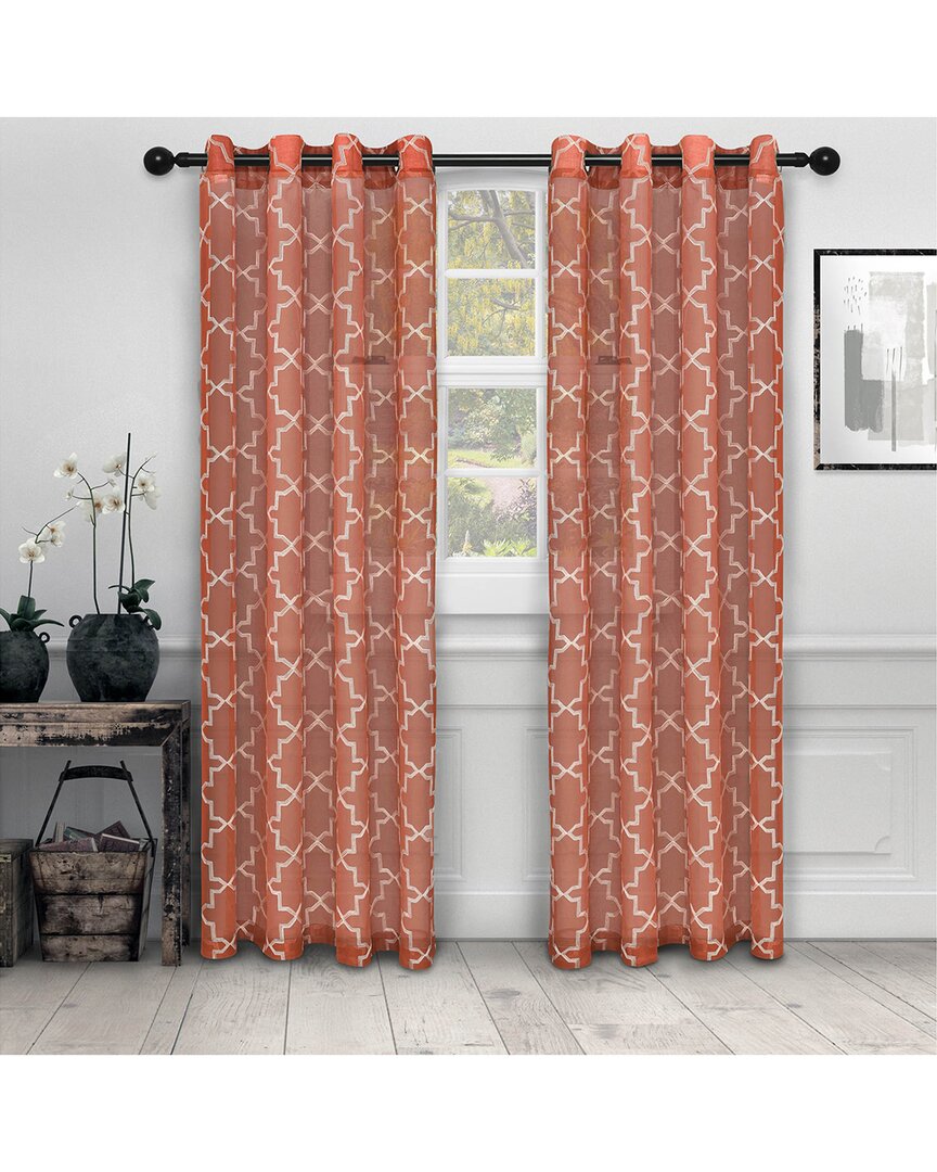 Superior 52x96 Decorative Quatrefoil Embroidered Sheer 2pc Curtain Panel Set In Red