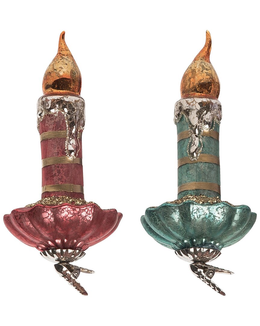 Transpac Glass 6.75in Multicolored Christmas Vintage Candle Clip Ornament Set Of 2