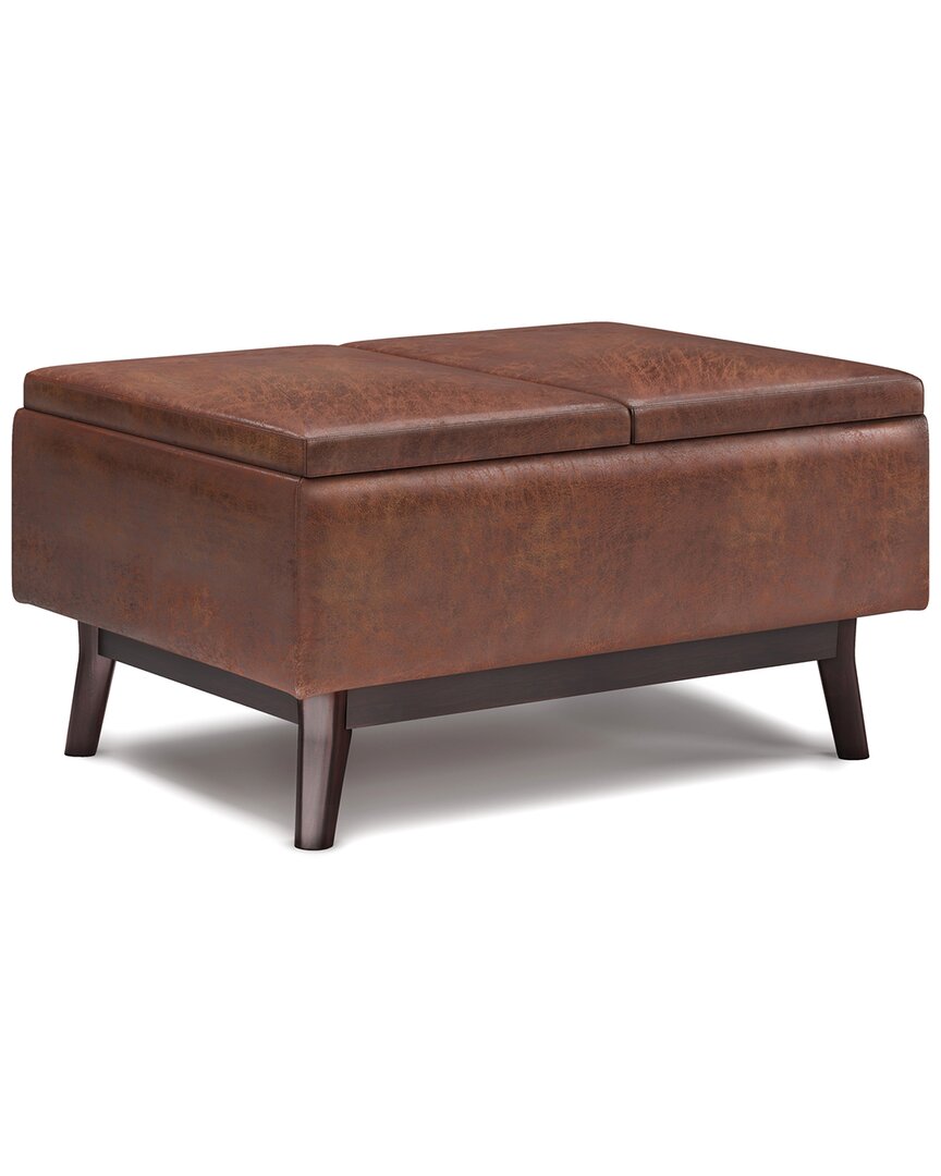 Simpli Home Owen 34in Mid Century Modern Rectangle Tray Top Small Coffee Table Storage Ottoman