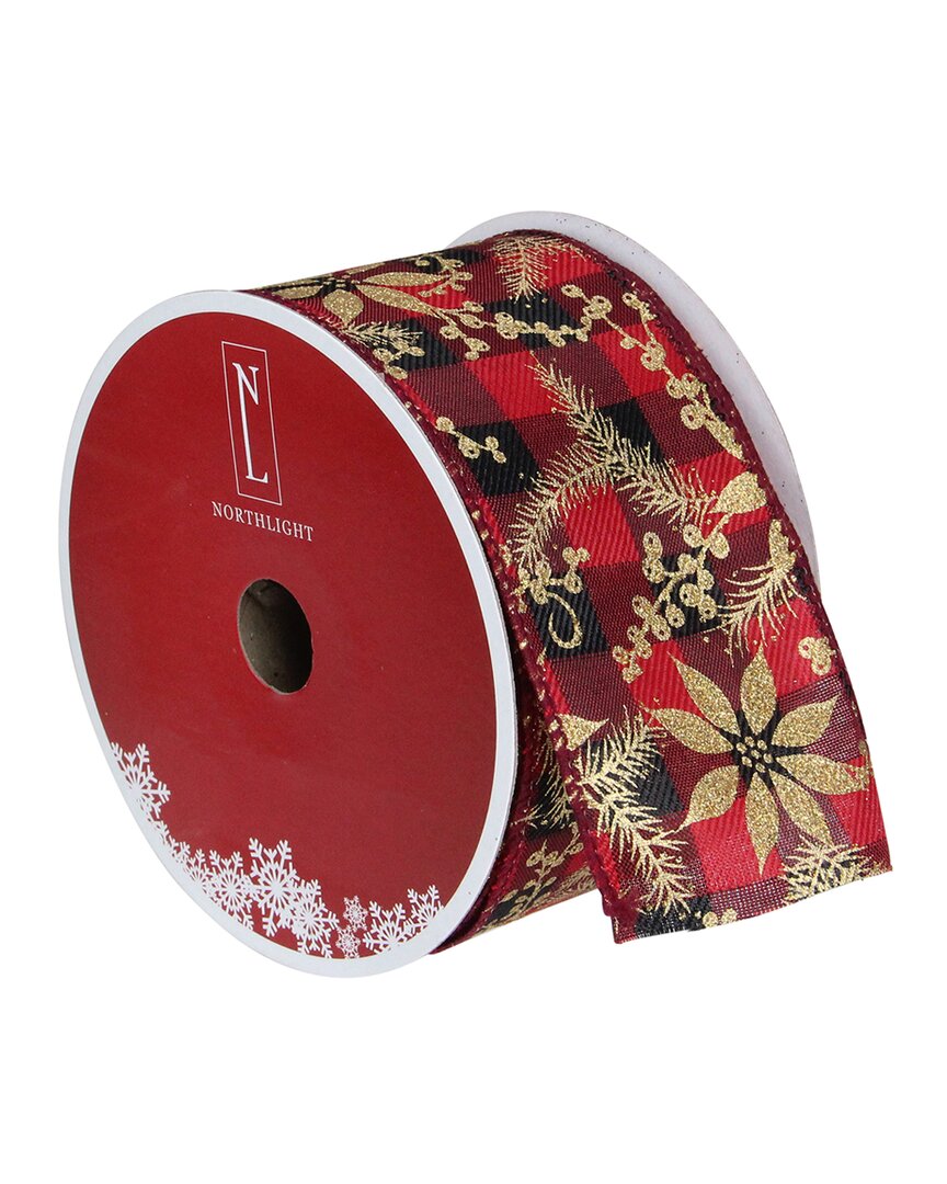 Northern Lights Northlight Red And Black Plaid Christmas Wired Craft Ribbon With Gold Poinsettias 2.5in X 16 Yards In Red