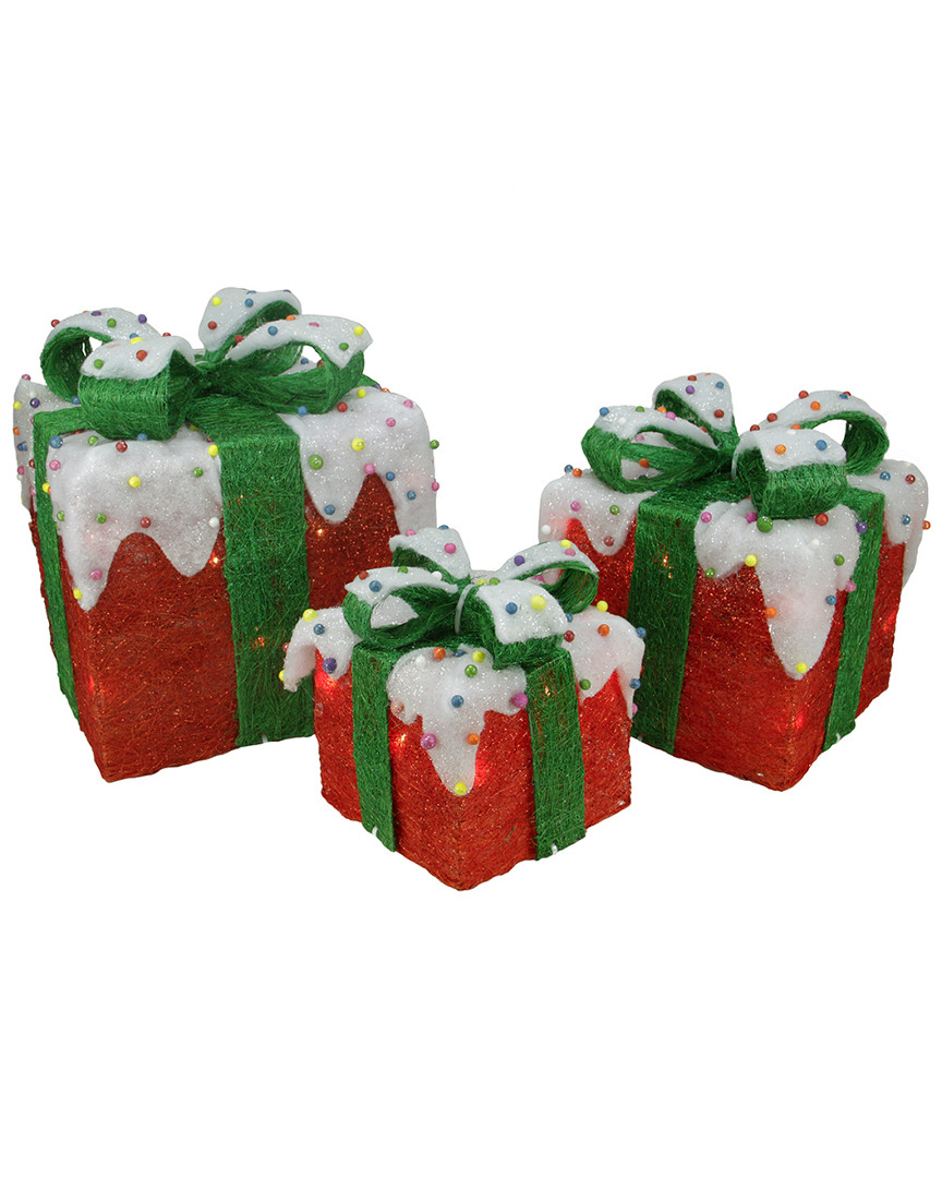 NORTHLIGHT NORTHLIGHT SET OF 3 RED LIGHTED SNOW AND CANDY COVERED SISAL GIFT BOXES