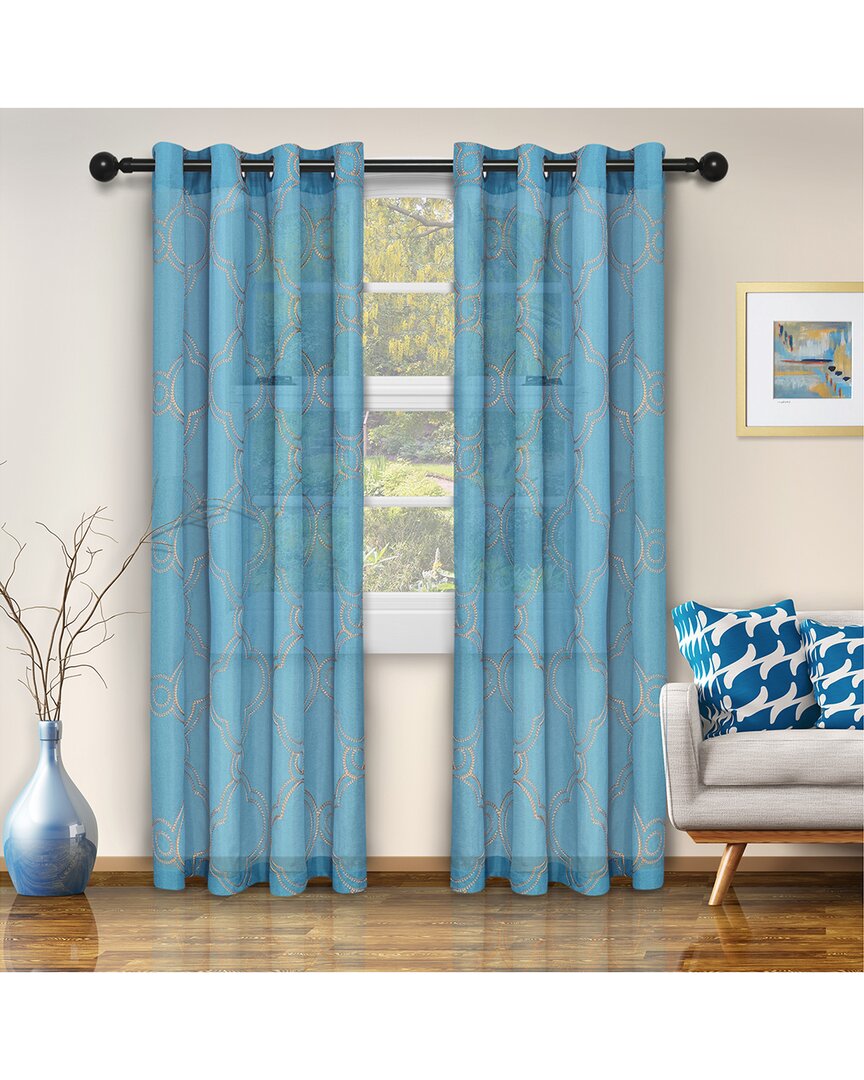 Superior 52x96 Embroidered Moroccan Sheer Grommet 2pc Curtain Panel Set In Blue