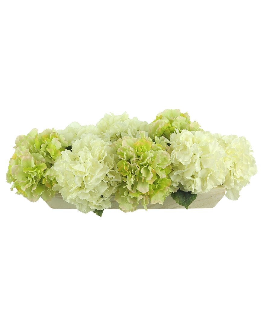 Creative Displays Green & White Hydrangeas Arranged In White Wooden Planter In Green