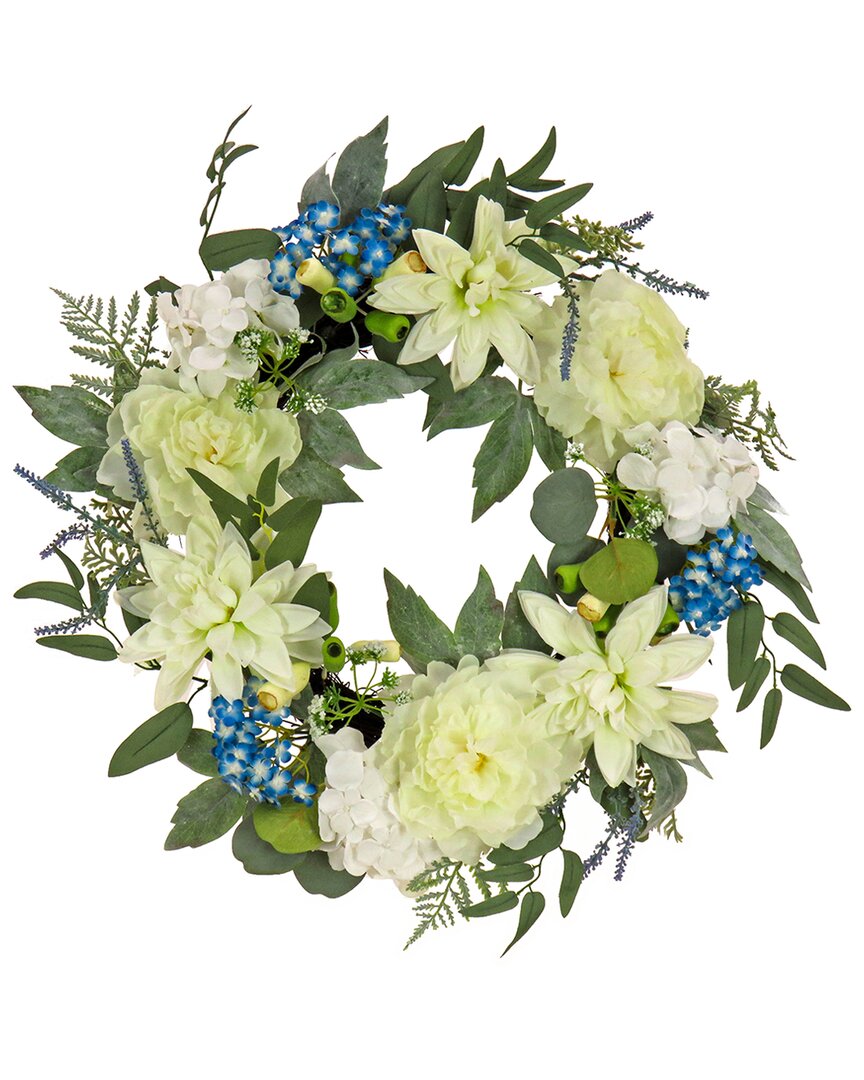 National Tree Company 24in Spring Dahlia, Peony, And Hydrangea Wreath In Blue