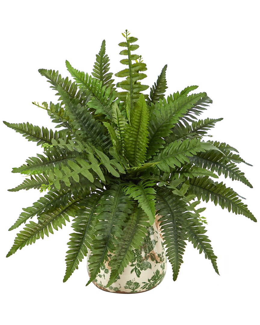 Nearly Natural 15in Artificial Boston Fern Plant With Tuscan Ceramic Scroll Planter In Green