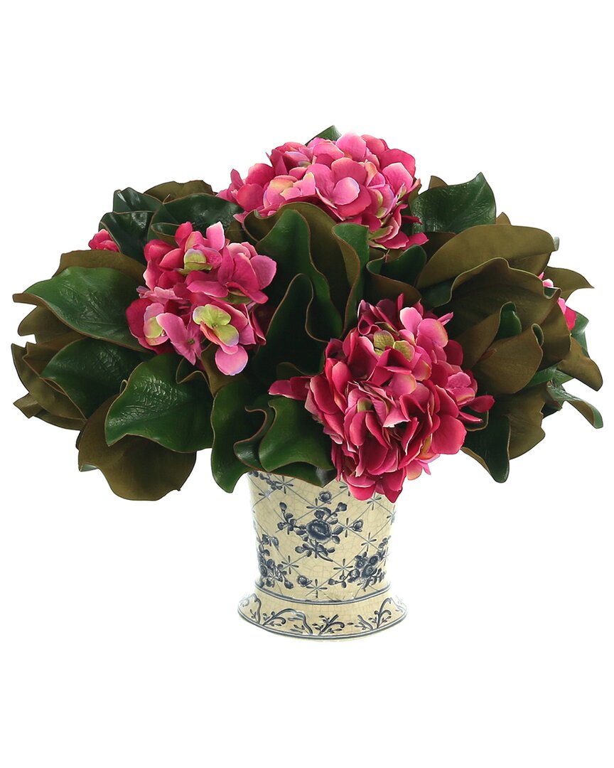 Creative Displays Pink Hydrangea And Magnolia Leaf Arrangement In A Decorative Ceramic Vase