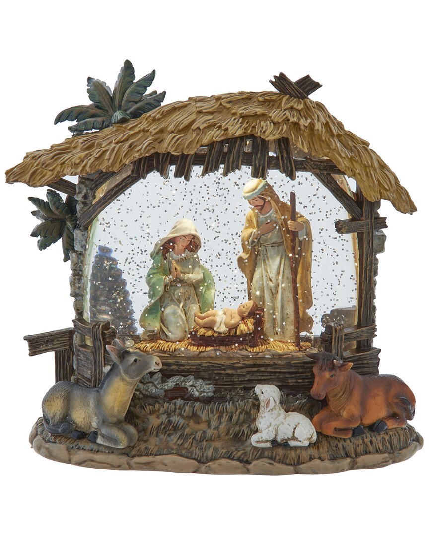 Kurt Adler 8-inch Battery-operated Usb Lighted Nativity Scene With Spinning Glitter Water Globe In Brown