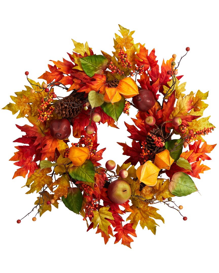 Nearly Natural 24in. Autumn Maple Leaf & Berries Fall Artificial Wreath In Orange