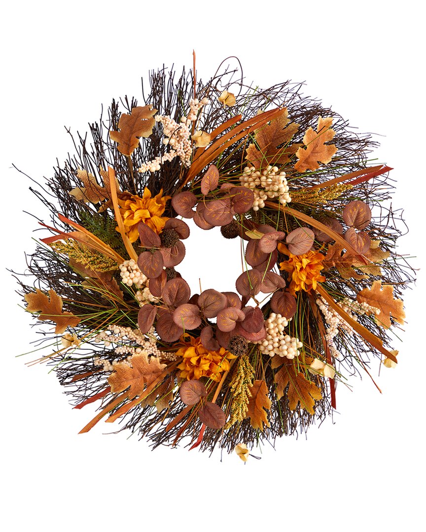 Nearly Natural 22in. Autumn Dahlia & Berries Artificial Fall Wreath In Orange