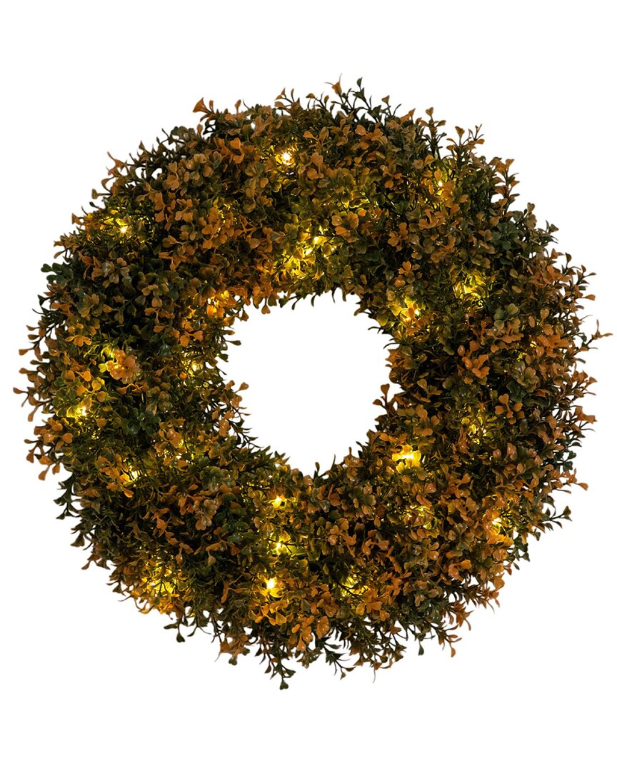 Nearly Natural 18in. Pre-lit Autumn Boxwood Artificial Fall Wreath In Green