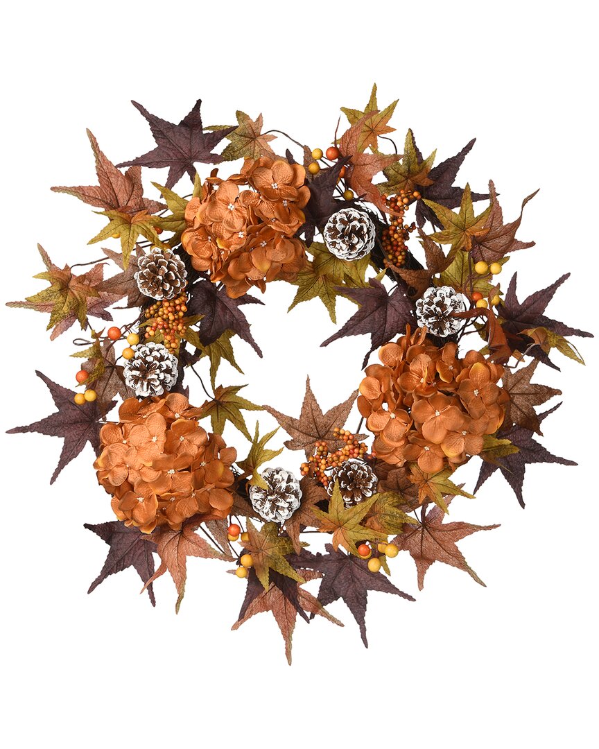 National Tree Company 24 Harvest Hydrangea And Maple Leaves Wreath In Orange