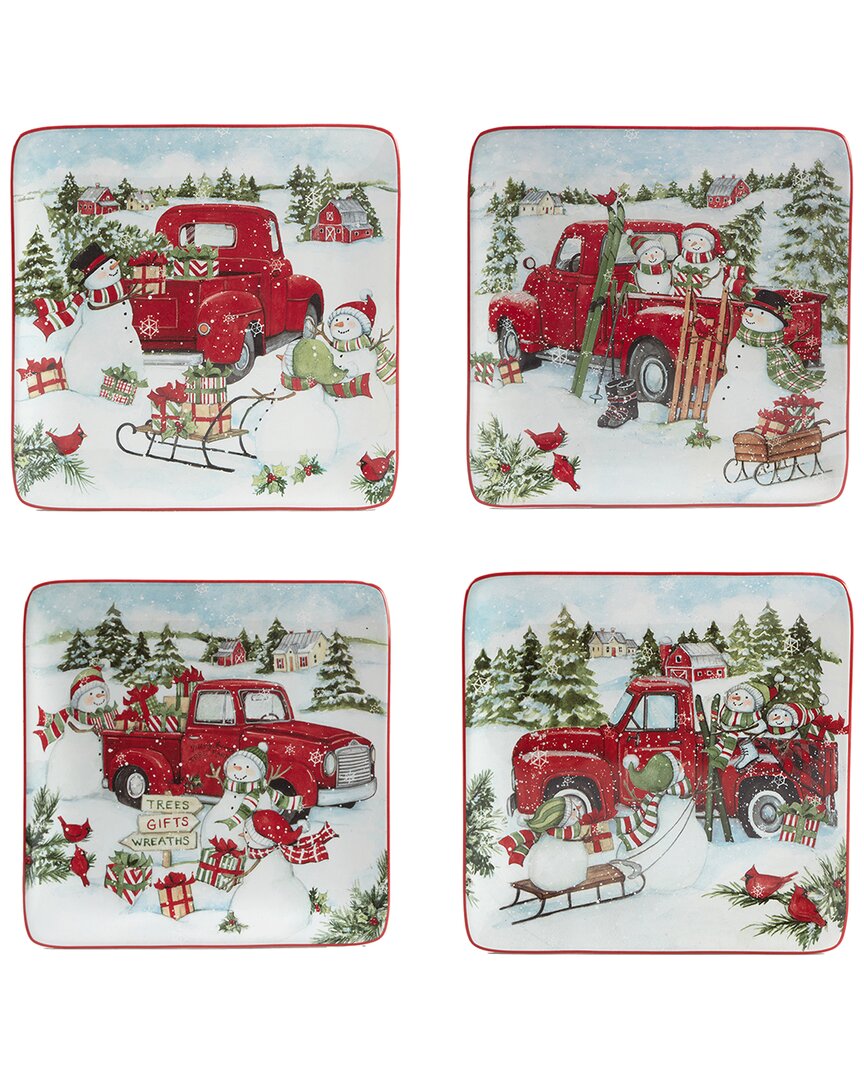 Certified International Red Truck Snowman Set Of 4 Dessert Plates In Multi