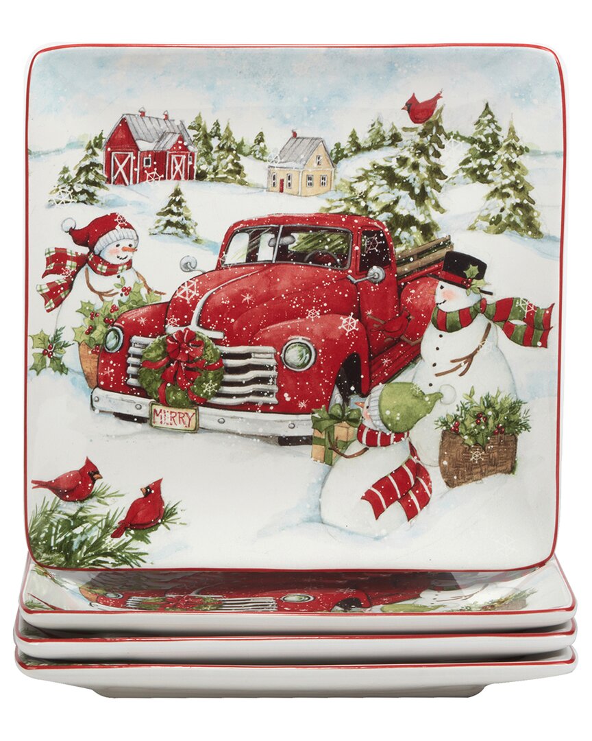 Certified International Red Truck Snowman Set Of 4 Dinner Plates In Multi