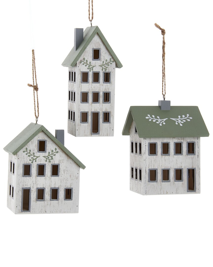 Kurt Adler Set Of 3 Wooden House Ornaments In Multicolor