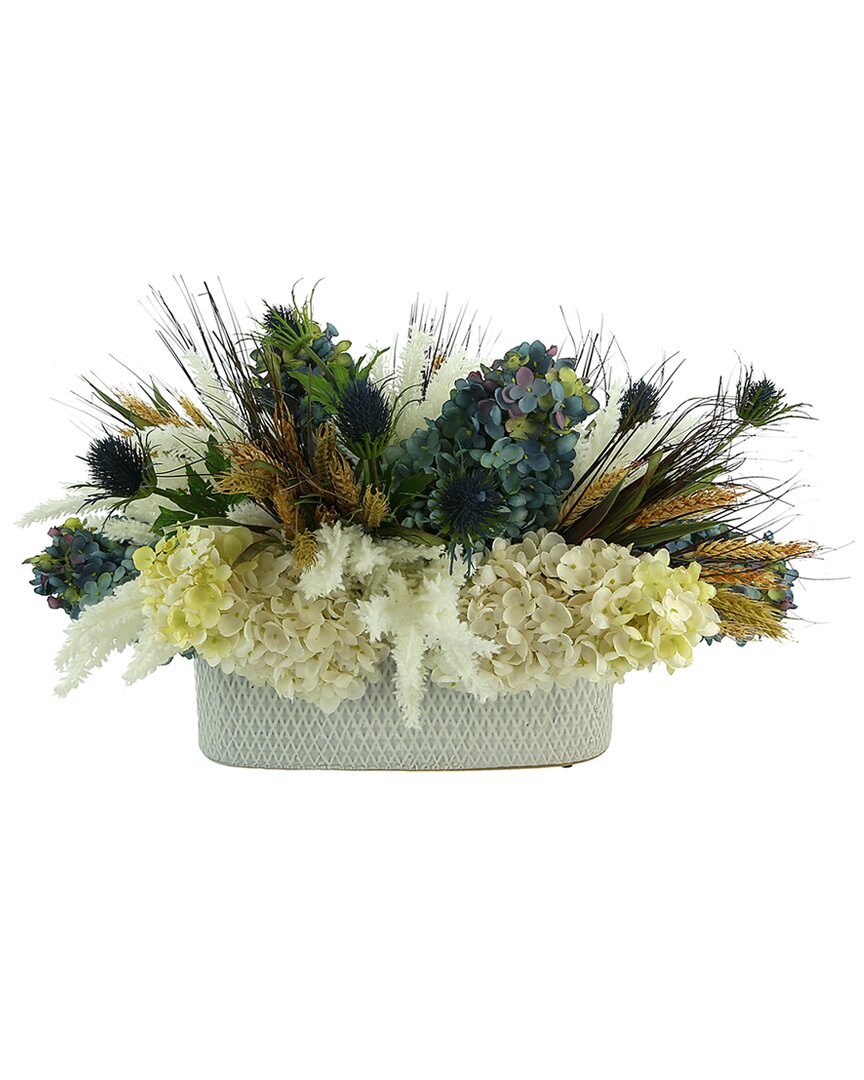 Creative Displays Assorted Hydrangea, Pampas, Thistle And Wheat Arrangement In A Ceramic Planter In Blue