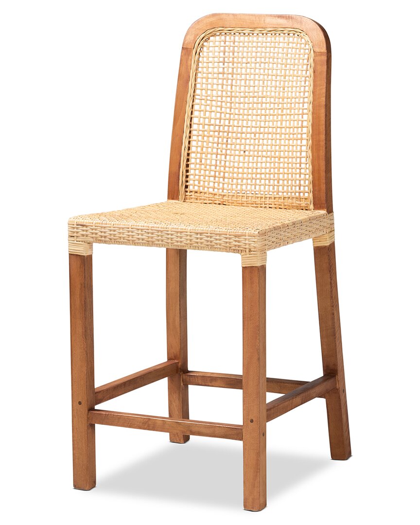 Baxton Studio Caspia Wood And Natural Rattan Counter Stool In Brown