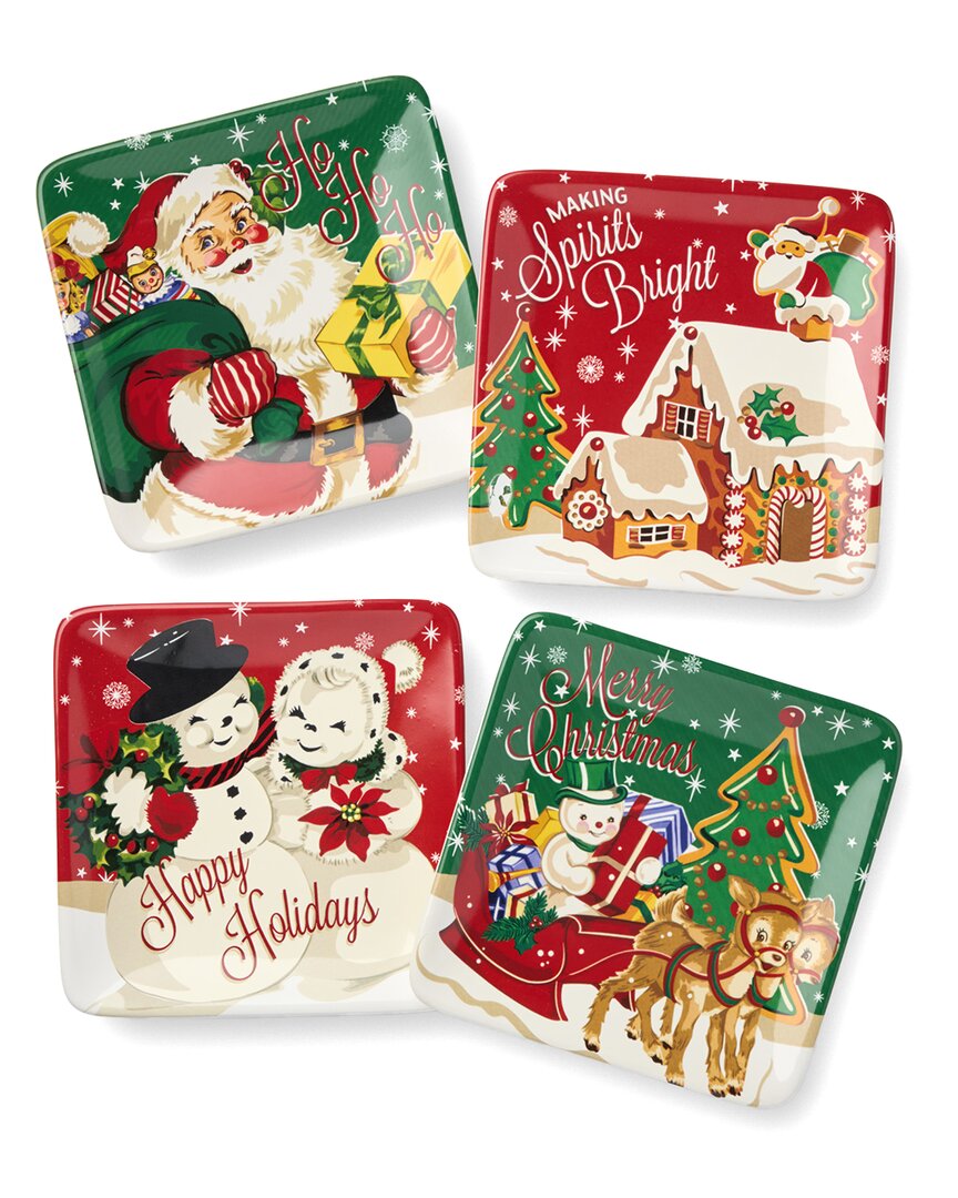 Certified International Santa's Retro Christmas Set Of 4 Canape Plates In Multi