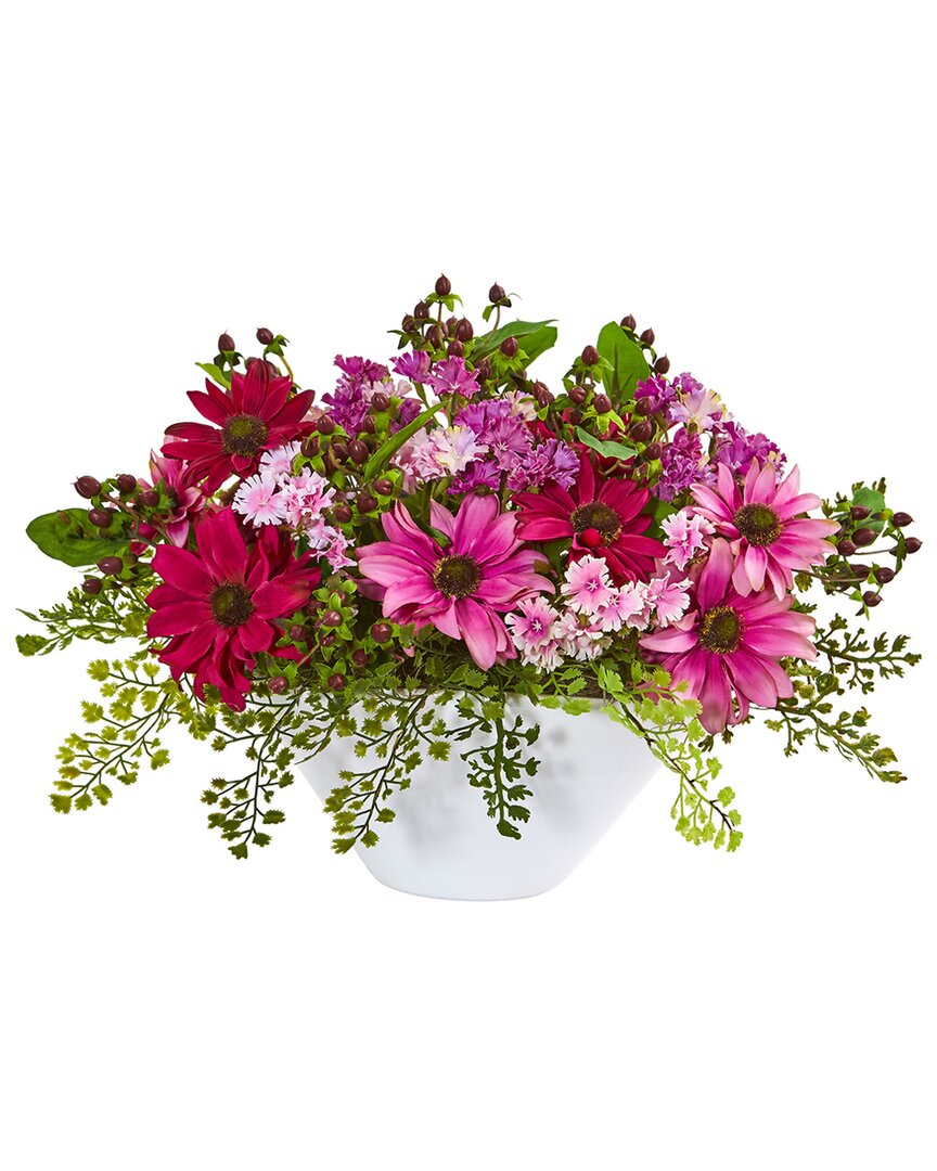 Nearly Natural Daisy Artificial Arrangement In White Vase In Pink