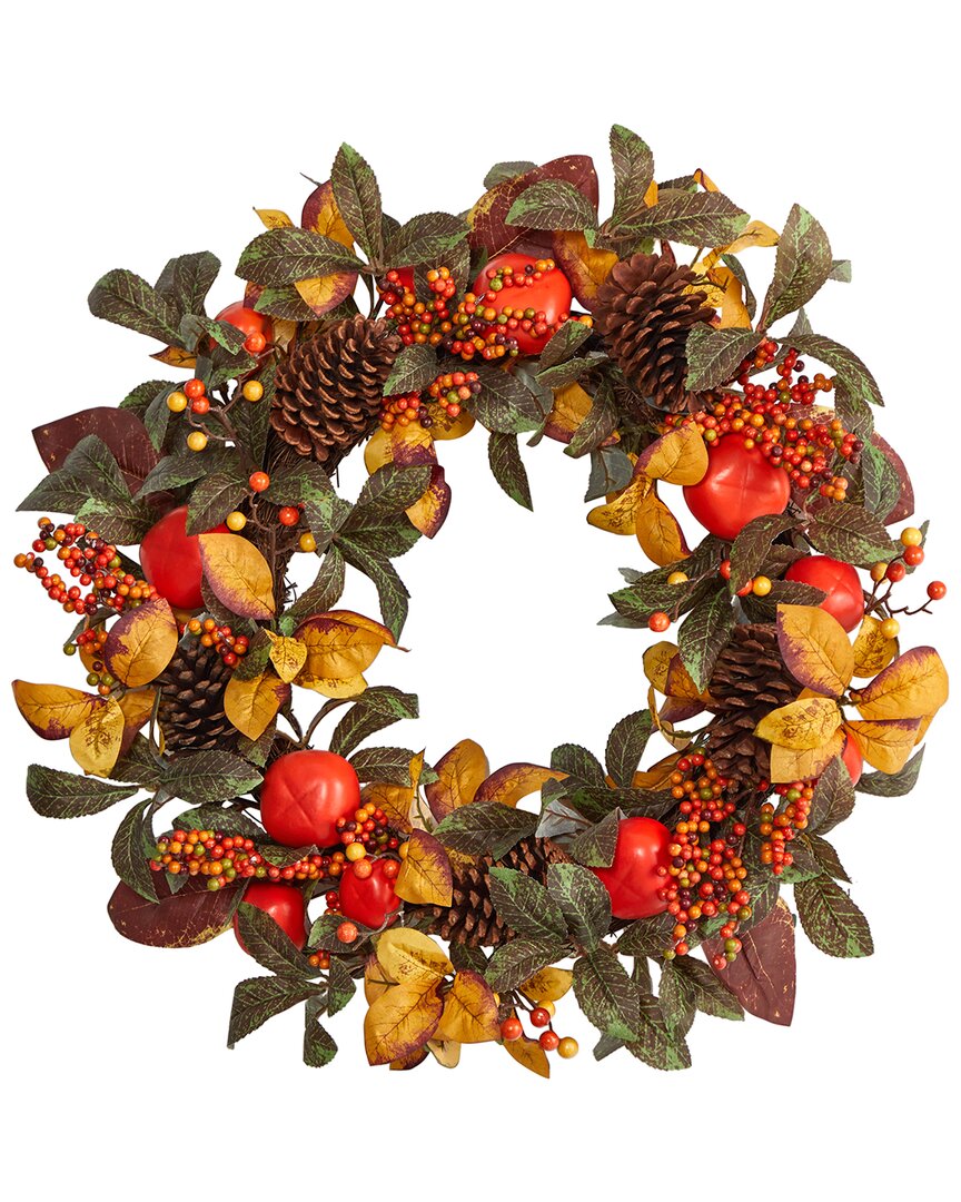 Nearly Natural 26in. Autumn Persimmon & Pinecones Artificial Fall Wreath In Multi