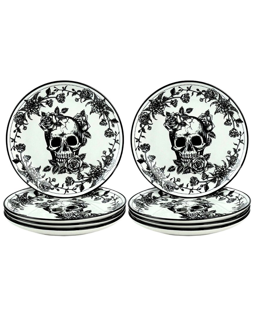 10 Strawberry Street Set Of 8 Skull Toile Appetizer Plates