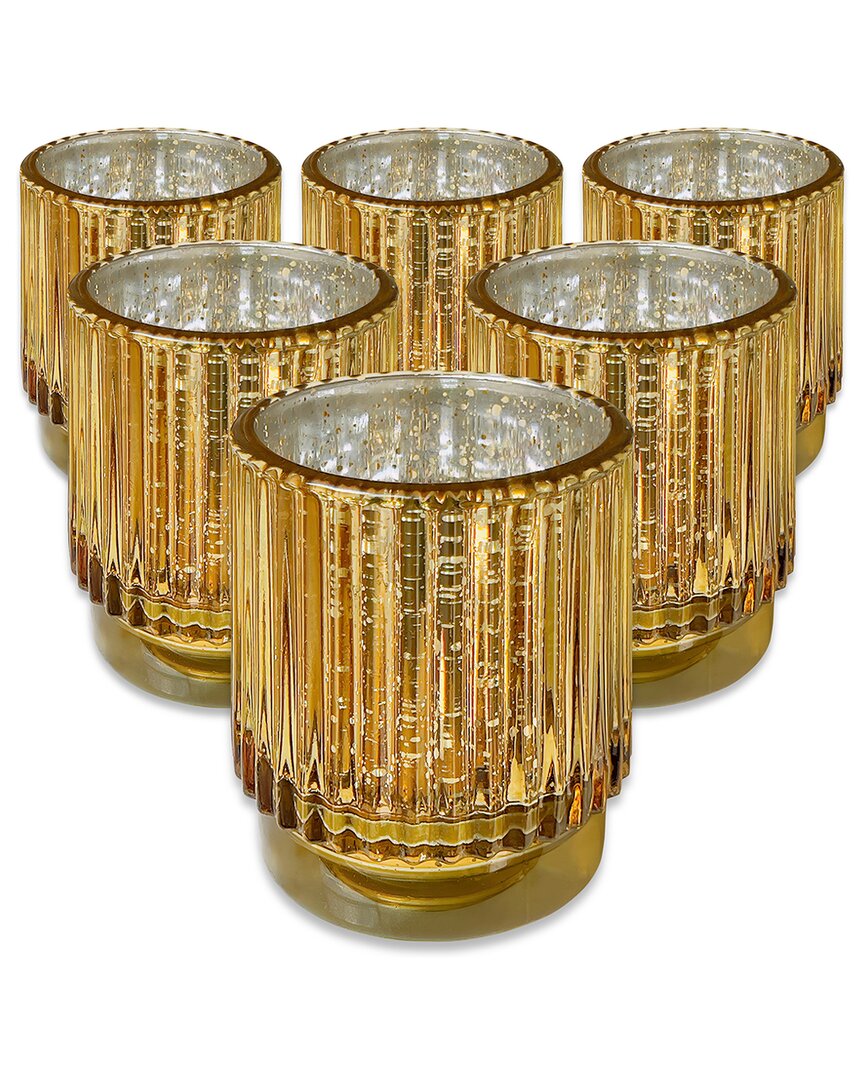 Kate Aspen Set Of 6 Ribbed Glass Votive Candle Holders In Gold