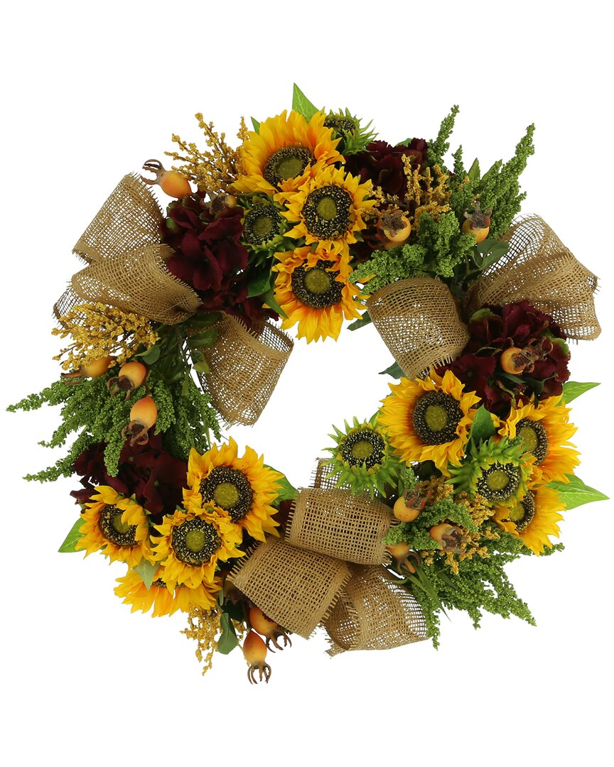 Creative Displays 26in Sunflower, Hydrangea And Berry Fall Wreath With Burlap Bows In Yellow