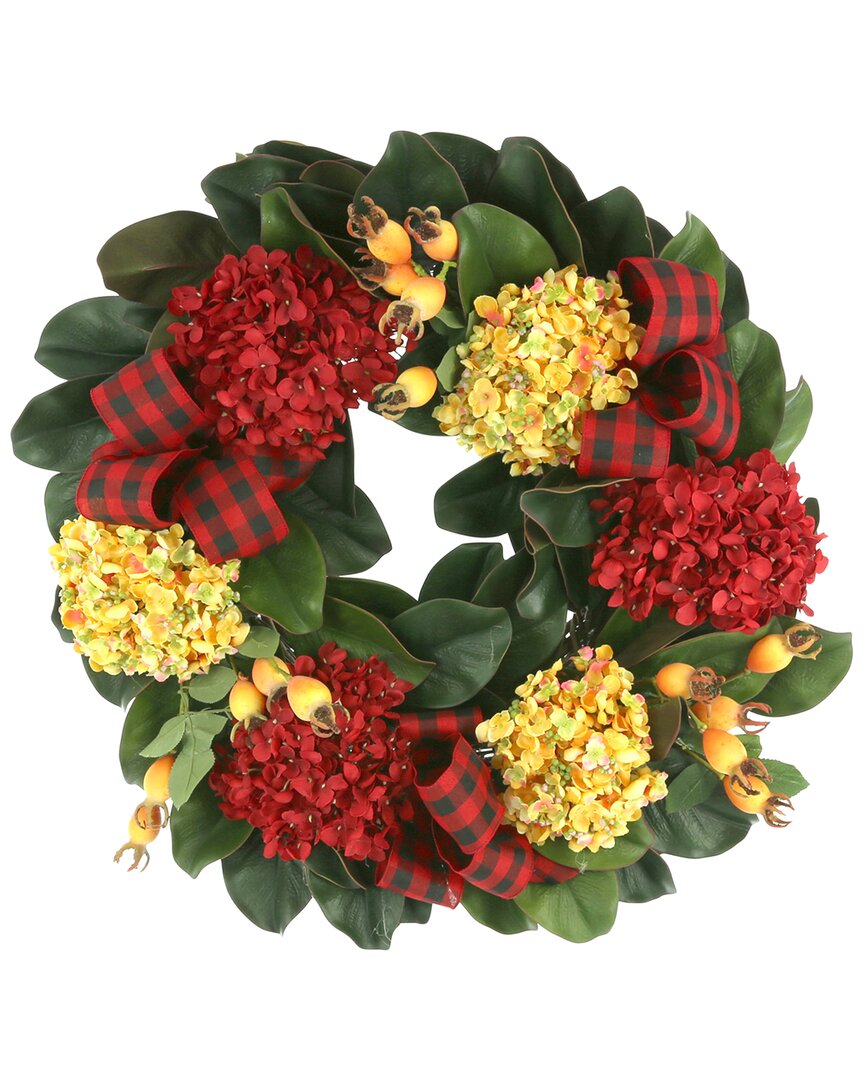 Creative Displays 26in Hydrangea And Berry Fall Wreath With Plaid Bows In Red