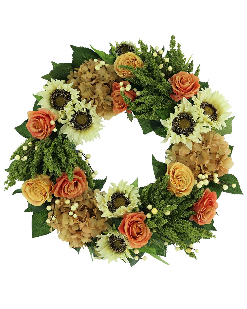 Creative Displays Discontinued  25in Wreath Decorated With Hydrangeas, Roses And Sunflowers In Brown
