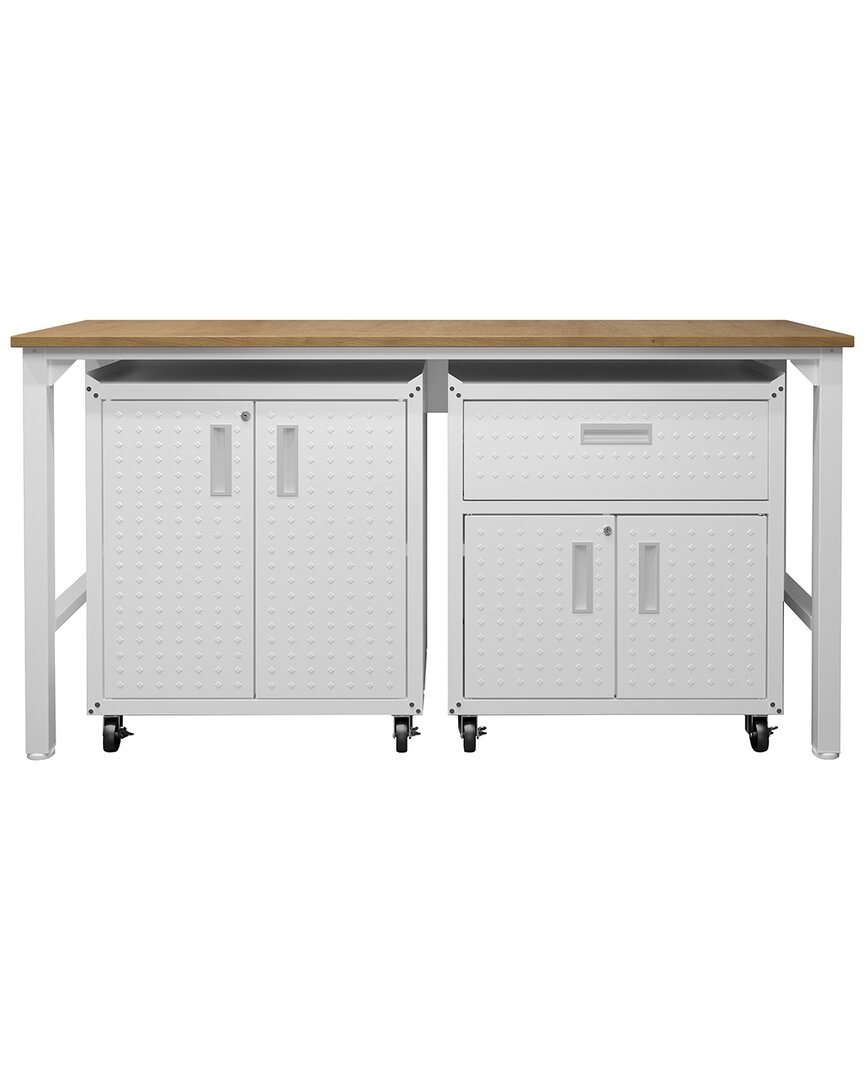 Manhattan Comfort 3pc Fortress Mobile Space-saving Garage Cabinet And Worktable 2.0 In White