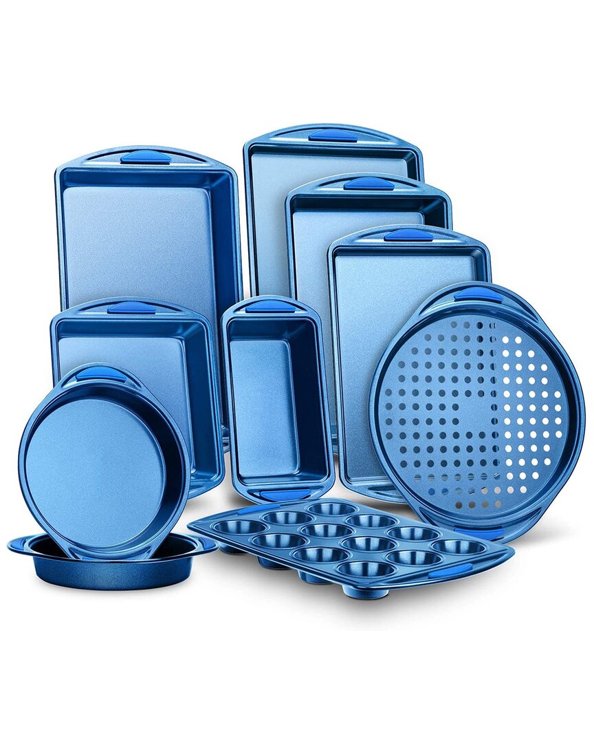 Nutrichef 10pc Bakeware Set With Red Silicone Handles In Blue