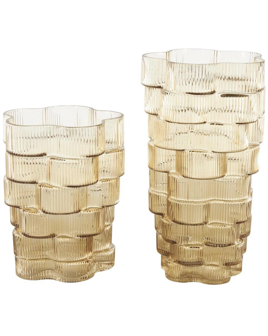 Peyton Lane Set Of 2 Glass Ribbed Stacked Flower Decorative Vase In Brown
