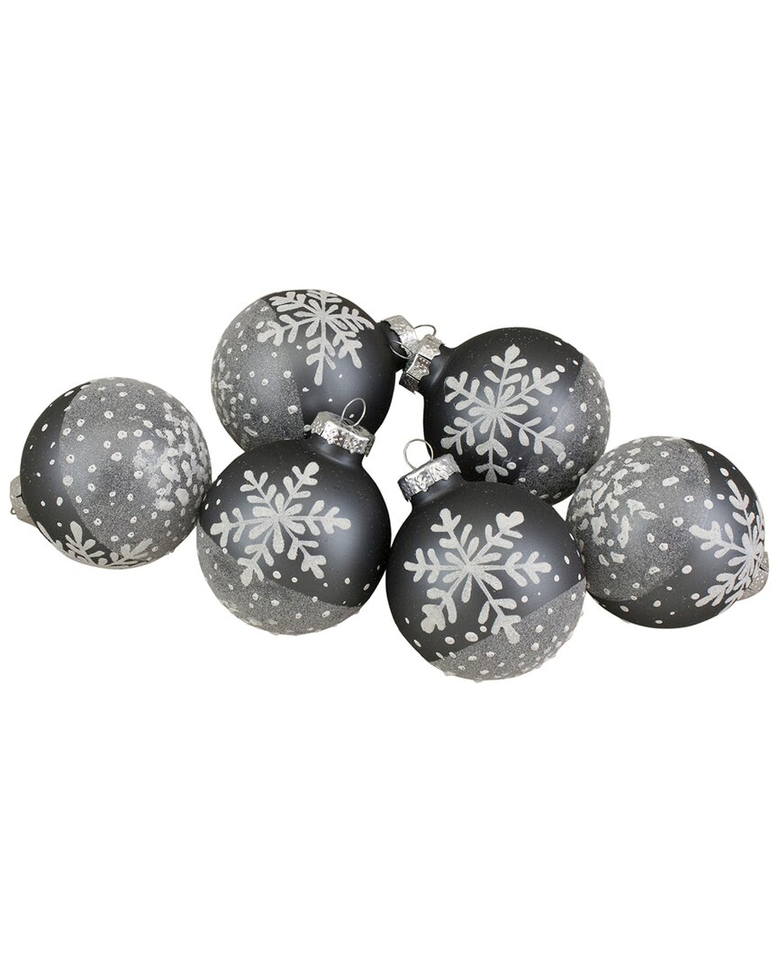 Northern Lights Northlight Set Of 6 Gray And White Snowflake Glass Christmas Ball Ornaments 4in (101mm) In Gray